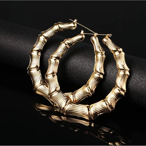 Miniatura 5 de Aretes de aro grandes de bambú para mujer, aretes de bambú de gran tamaño para uso diario, accesorios de rapero de los años 80 y 90