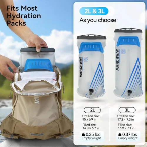 Miniatura 5 de MARCHWAY Bolsa de hidratación ligera de TPU de 2L/3L para paquetes de hidratación, bolsa de depósito de agua de boca ancha con asa de transporte
