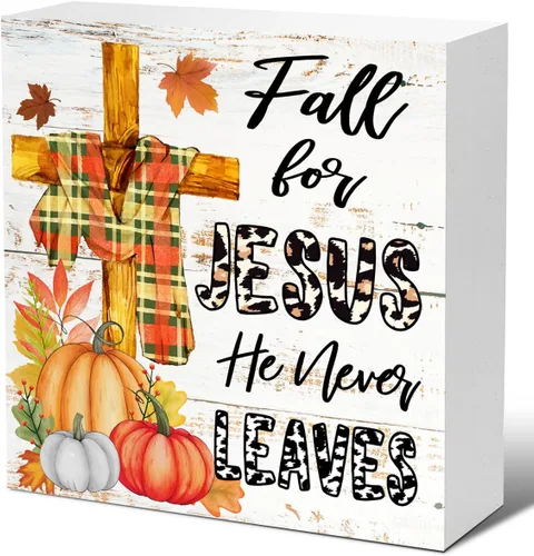 LVQHI Letreros de madera de otoño con texto en inglés «Fall for Jesus He Never Leaves» con cruz de calabaza para el hogar, dormitorio, oficina,