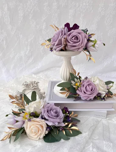 Miniatura 6 de CherishedMoments Juego de 3 adornos para tartas, decoración de flores artificiales para boda, decoración de tartas moradas para boda, aniversario