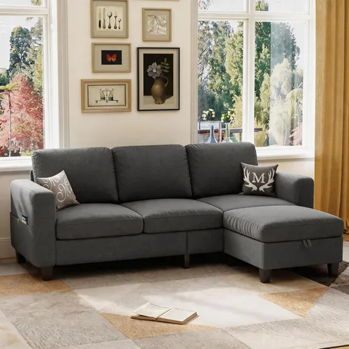 Miniatura 10 de Sofá modular de 78 pulgadas para sala de estar, sofá azul en forma de L con otomana de almacenamiento, asiento profundo, juego de sofá de tela
