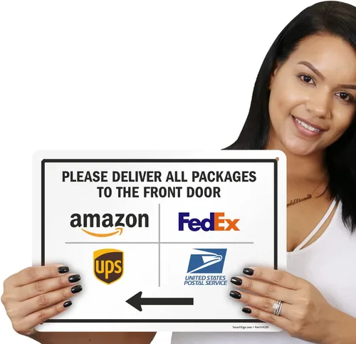 Miniatura 2 de SmartSign Letrero de metal con texto en inglés "Please Deliver All Packages to The Front Door" de 10 x 14 pulgadas, con flecha izquierda y Letrero