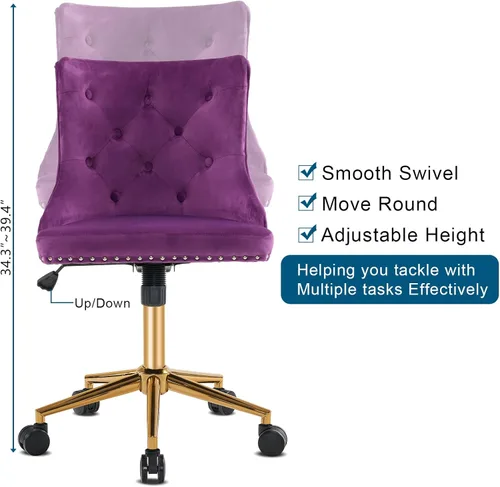 Miniatura 6 de VINGLI Silla de escritorio de oficina en casa sin brazos de color púrpura oscuro con base/ruedas doradas, pequeña silla de tocador/maquillaje linda