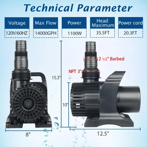 Miniatura 3 de WaterRebirth Bomba sumergible para estanque de agua PS- de alto flujo (14000 GPH, listado UL) - Bomba de fuente de acuario de agua, acuario