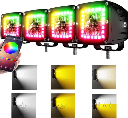 ASLONG 4 Piezas Cubos LED 3X3 Blanco/Ámbar Pods Estroboscópicos de Inundación Trabajo con Halo RGB Chaser 16 Colores Sólidos Más de 92 Modos