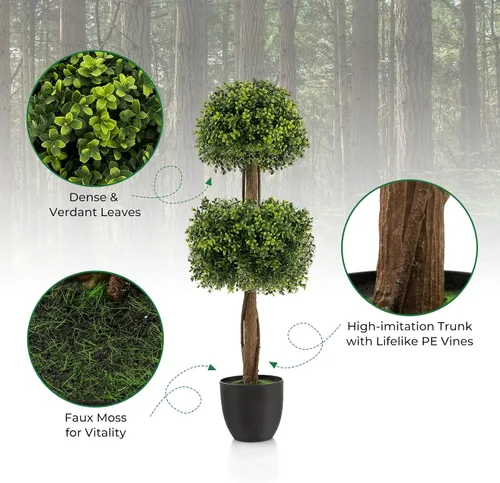 Miniatura 4 de Goplus Árbol de bola artificial de boj de 40 pulgadas, paquete de 2 plantas artificiales en maceta con maceta de plástico rellena de cemento