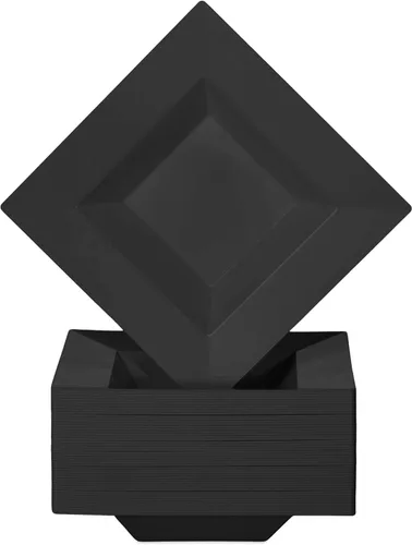 BloominGoods Cuencos cuadrados desechables de plástico para sopa | Paquete de 50 cuencos blancos y negros de 14 onzas | Ideal para bodas, fiestas,