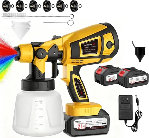 Pulverizador de pintura inalámbrico, pistola de pulverización eléctrica con 2 baterías de 4000 mAh 21 V, 6 boquillas y perilla de ancho de