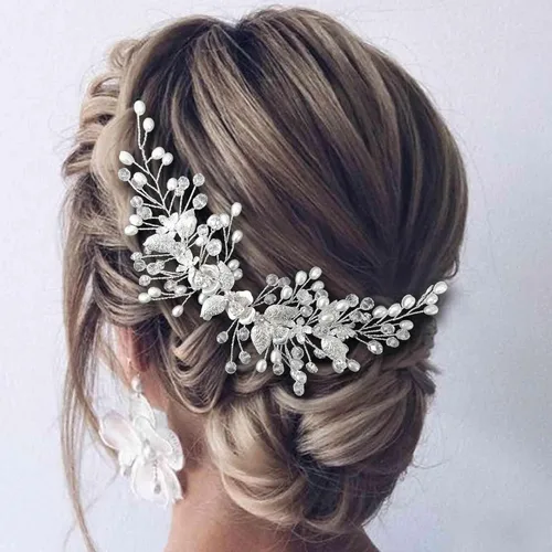 Flower Bride Wedding Hair Vine - Tocado de novia de hoja de plata, accesorios para el cabello de perlas para mujeres y novias