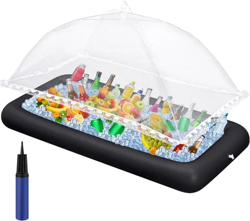 Leitee Kit de barra inflable de 3 piezas, incluye bandeja de buffet de ensalada con tapón de drenaje, cubierta de malla, recipientes de bebidas y
