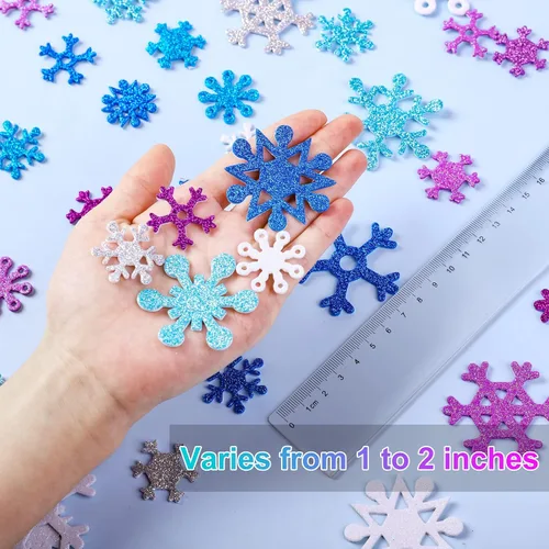 Miniatura 3 de Aneco 500 calcomanías de espuma con purpurina para copos de nieve autoadhesivos, calcomanías de nieve para decoración de Navidad e invierno