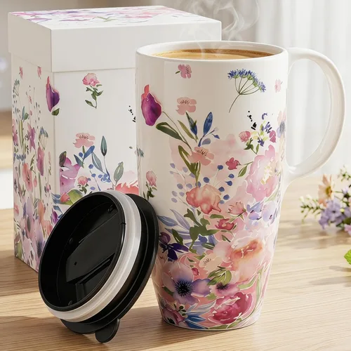 Topadorn Tazas de Viaje de Cerámica Taza de Té Latte de Porcelana Taza de Café con Caja de Regalo, 17 oz. Jardín Rosa Rosa (PINK GARDEN)