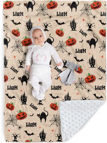 Manta de Halloween personalizada, diseños de dibujos animados con nombre personalizable, manta de franela de felpa suave con respaldo punteado de