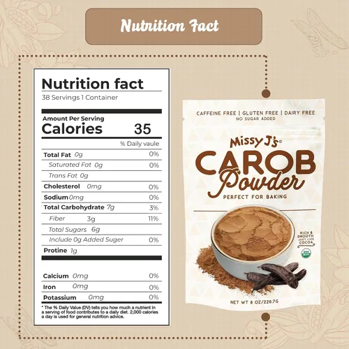 Miniatura 2 de Missy J's Polvo de algarrobo tostado orgánico de 8 onzas, paquete de 6 Hecho de algarroba, vegano y sin gluten Sustituto saludable sin cafeína