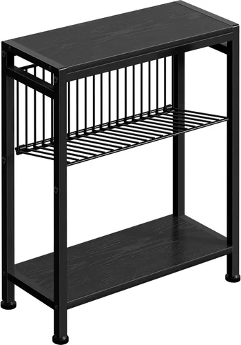 Miniatura 19 de Mesa auxiliar pequeña para espacios pequeños, mesa auxiliar estrecha de 3 niveles con portarevistas, mesita de noche delgada, mesa delgada para Gris
