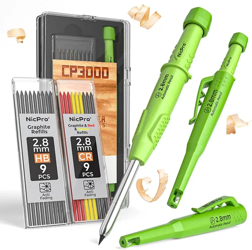 Miniatura 11 de Nicpro Lápiz de carpintero con sacapuntas, lápices mecánicos de carpintero CP3000 con 19 recargas, marcador de agujero profundo para construcción