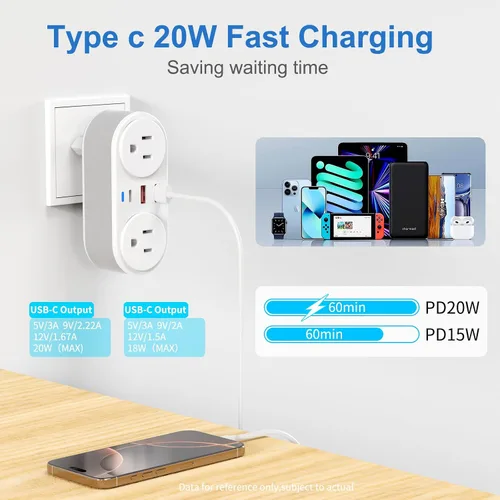 Miniatura 2 de Adaptador de enchufe de viaje europeo para Europa y Reino Unido, cargador rápido PD de 20 W con 2 tomacorrientes, 3 puertos de carga USB, adaptador