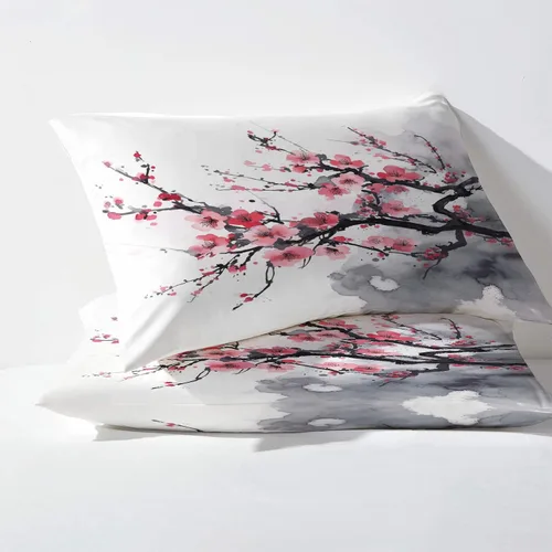 Miniatura 3 de Juego de sábanas de 3 piezas con estampado de flor de cerezo, tamaño individual, sábanas y fundas de almohada estampadas de Sakura, sábana bajera