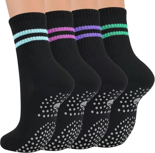 Toes Home Calcetines de pilates para mujer con agarres antideslizantes, calcetines de yoga para barre hospital, calcetines pegajosos, 4 pares