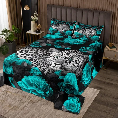 Miniatura 25 de Erosebridal Juego de edredón de león, color turquesa, verde azulado, rosa para mujeres y hombres, juego de colcha de flores de animales salvajes