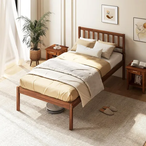 Miniatura 9 de Giantex Base de cama individual con cabecero, cama de plataforma de madera maciza con soporte de listones de madera, cama individual