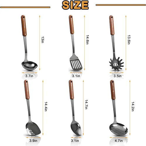 Miniatura 2 de Juego de utensilios de cocina de acero inoxidable pulido con espejo, juego de 6 utensilios de cocina con mango de madera, juego de herramientas