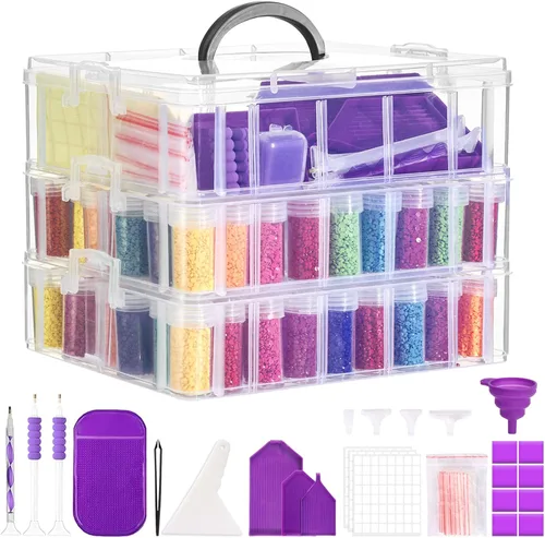 QUEFE Contenedor de almacenamiento de pintura de diamante de 3 niveles, 100 ranuras, organizador de cuentas apilable transparente con accesorios de