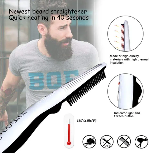 Miniatura 3 de Peine alisador de barba para hombres,Peine caliente para el cabello,Estilizador de cepillo de barba calentado eléctrico rápido,Viaje portátil