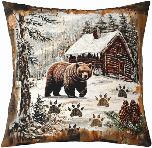 Miniatura 22 de Cartoon Bear Pillow Cover Cute Wild Animal Paw Print Cushion Cover for Kids Boys Girls Teens Jungle Pine Trees Silhouette Cabin Pillow Case for