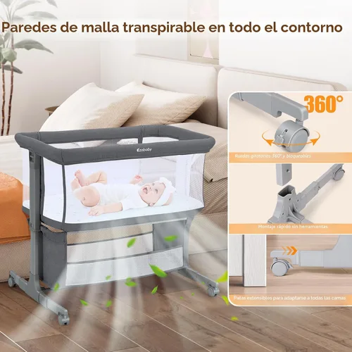 Miniatura 3 de Ezebaby Cuna junto a la cama para bebé, moisés portátil junto a la cama para recién nacidos con ruedas, cesta de almacenamiento, ajustable a 7 Gris