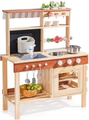 ROBOTIME Kids Mud Kitchen, Wooden Mud Kitchen for Kids Outdoor with Real Water Play Sink, BBQ Grill, Coffee Maker & Planting Station, Large Storage