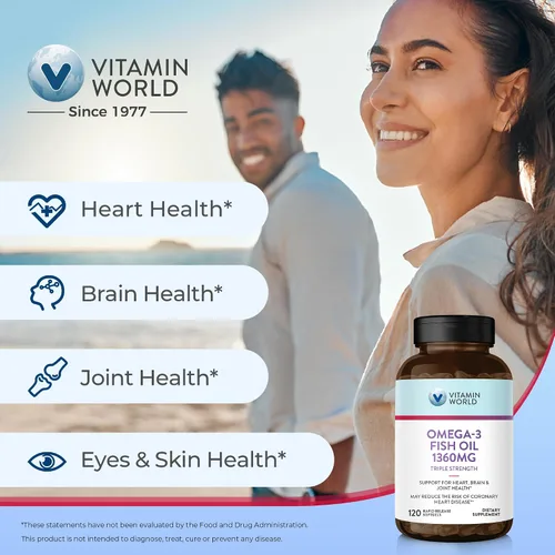 Miniatura 4 de Vitamin World Suplemento de aceite de pescado Omega 3 Triple Strength de 1360 mg, 950 mg de ácidos grasos omega-3 activos con EPA y DHA, apoya