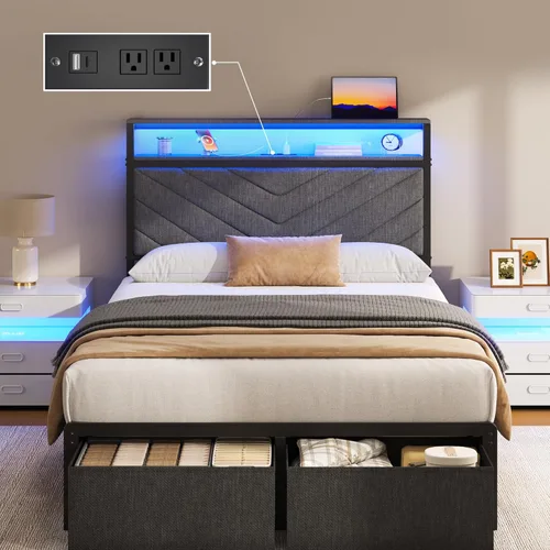 Miniatura 9 de Fluest Base de cama Queen con 2 cajones, cabecera tapizada con estación de almacenamiento y carga, luces LED, cajones de tela con ruedas