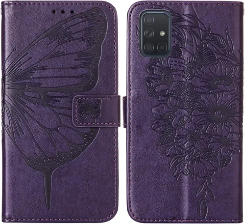 Miniatura 7 de Funda para Samsung Galaxy A51 con estampado floral en relieve, correa de muñeca, ranuras para tarjetero, funda protectora de cuero con soporte