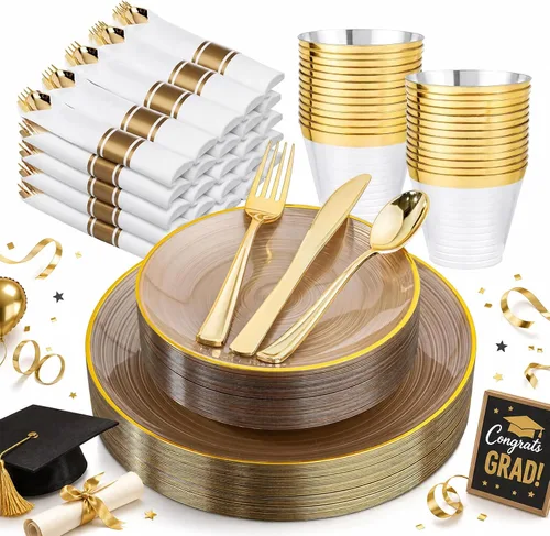 Miniatura 17 de Morejoy 175 platos de plástico rosa, juegos de platos desechables rosa y dorado, incluye 25 platos llanos, 25 platos de postre, 25 juegos de rosa