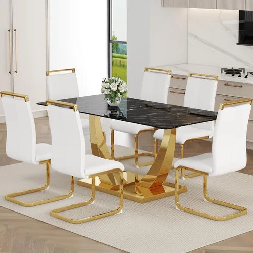 Miniatura 35 de Juego de Mesa de Comedor Negra para 6, Mesa de Comedor de Mármol Falso de 71" para 6, Juego de Mesa de Cocina Rectangular con Sillas de Cuero PU