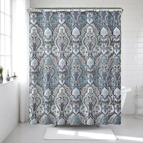 Miniatura 27 de Serafina Home Cortina de ducha bohemia, diseño floral de mandala azul marino, verde azulado, blanco, tela, 72 x 72 pulgadas, resistente a