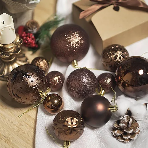 Miniatura 3 de Senjie Adornos de Navidad inastillables marrones, 32 bolas esféricas para árboles de Navidad