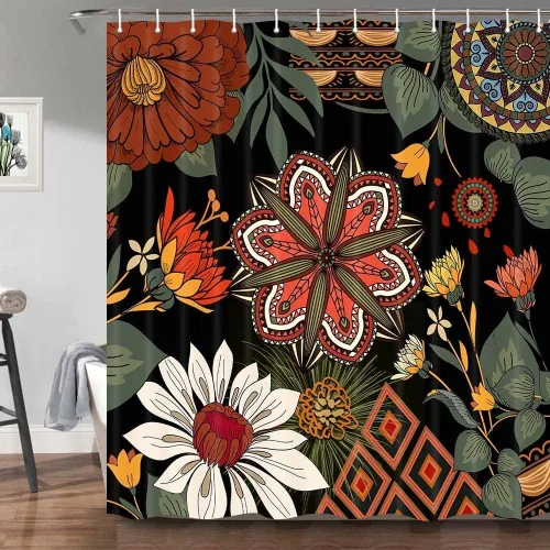 Miniatura 27 de Torich Cortina de ducha floral bohemia, abstracta de mediados de siglo, decoración bohemia, cortinas de baño, flores botánicas, hojas tropicales