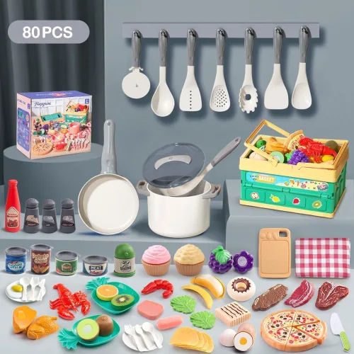 Miniatura 2 de Juego de cocina de 80 piezas, cocina para niños pequeños con ollas, sartenes, utensilios de cocina, alimentos, manta de picnic, frutas, verduras