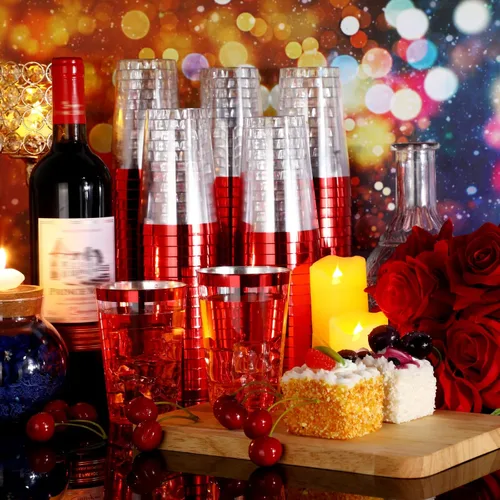 Miniatura 5 de Norme 50 vasos de plástico de 12 onzas desechables para fiesta con borde, vasos transparentes de plástico para vino, café, cumpleaños, boda, Rojo
