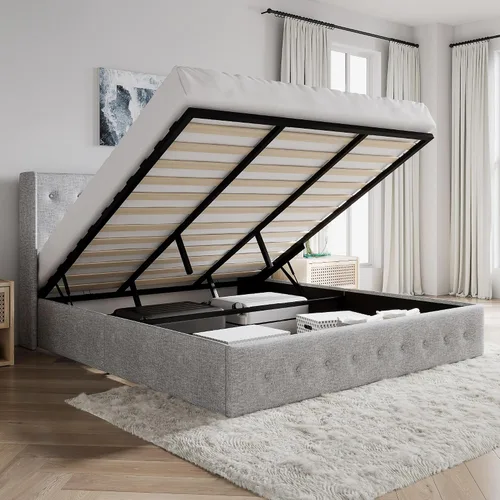 Miniatura 16 de SHA CERLIN Base de cama tamaño queen con almacenamiento elevado, cabecero abatible con botón, plataforma tapizada, almacenamiento hidráulico, Beige