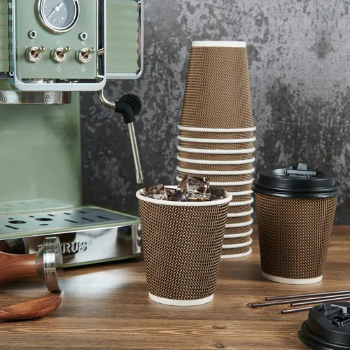 Miniatura 5 de LITOPAK Paquete de 80 tazas de café de papel de 10 onzas, tazas de café caliente con pared ondulada aislada con tapa y pajitas, tazas de tres capas
