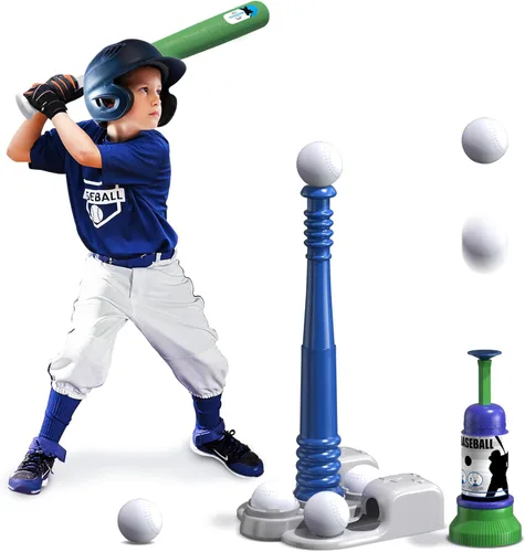 QDRAGON Juegos de Tee Ball 2 en 1 para Niños de 3-5 5-8, Juego de Tee Ball con Máquina de Lanzamiento Automática/Bate de Bateo Ajustable y Soporte/6