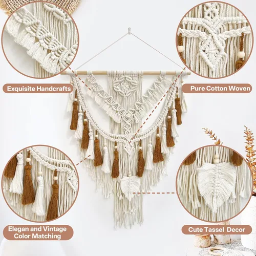 Miniatura 3 de lokeisna Macramé para colgar en la pared, tapiz tejido beige y rosa polvoriento, hecho a mano, decoración de pared de macramé, galería y guardería