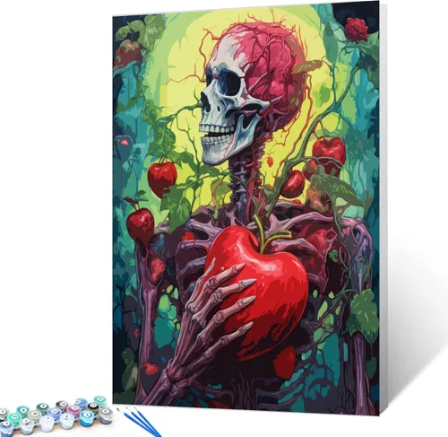 Miniatura 9 de Tucocoo Pintura de calavera de corazón por números para adultos, diseño de flores trippy, pintura por número para adultos principiantes, pintura