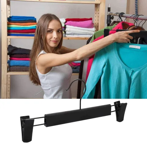 Miniatura 5 de Perchas para pantalones, perchas para faldas, paquete de 20 perchas de plástico negro para pantalones con clips grandes antideslizantes y 360