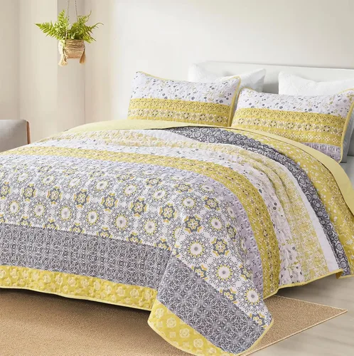 Miniatura 23 de WONGS BEDDING Juego de edredón bohemio tamaño Queen, juego de colcha de retazos a rayas bohemias aguamarina con 2 fundas de almohada, juego de ropa