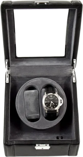 Miniatura 2 de Bey-Berk BB585BLK Bobinadora de cuero negro con parte superior de vidrio y cierre de bloqueo. Incluye 2 almohadas de reloj para tamaños de muñeca