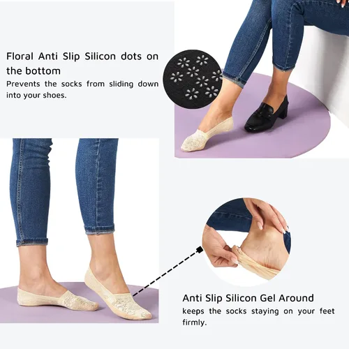 Miniatura 4 de Flammi - 4 pares de calcetines de encaje para mujer, antideslizantes, con parte inferior de algodón